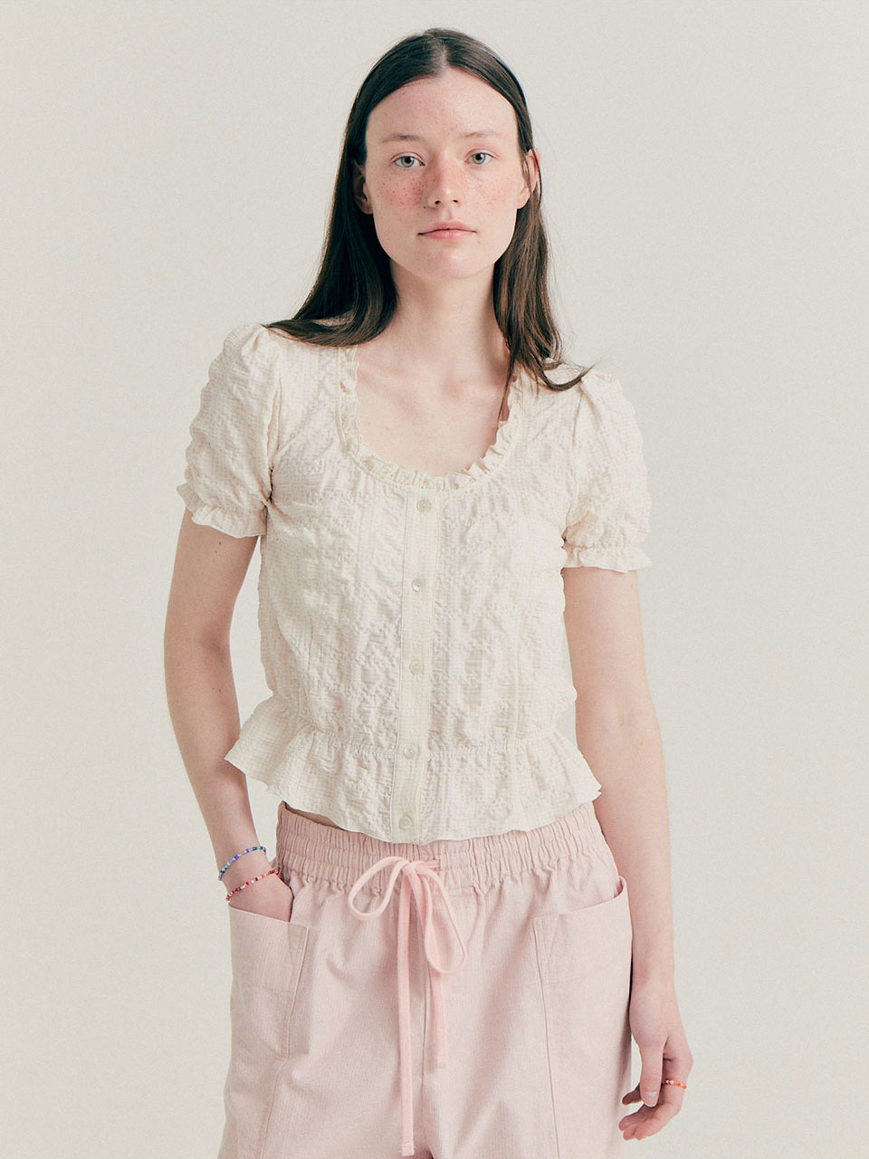 CHECK PATTERN FRILL BLOUSE - BEIGE